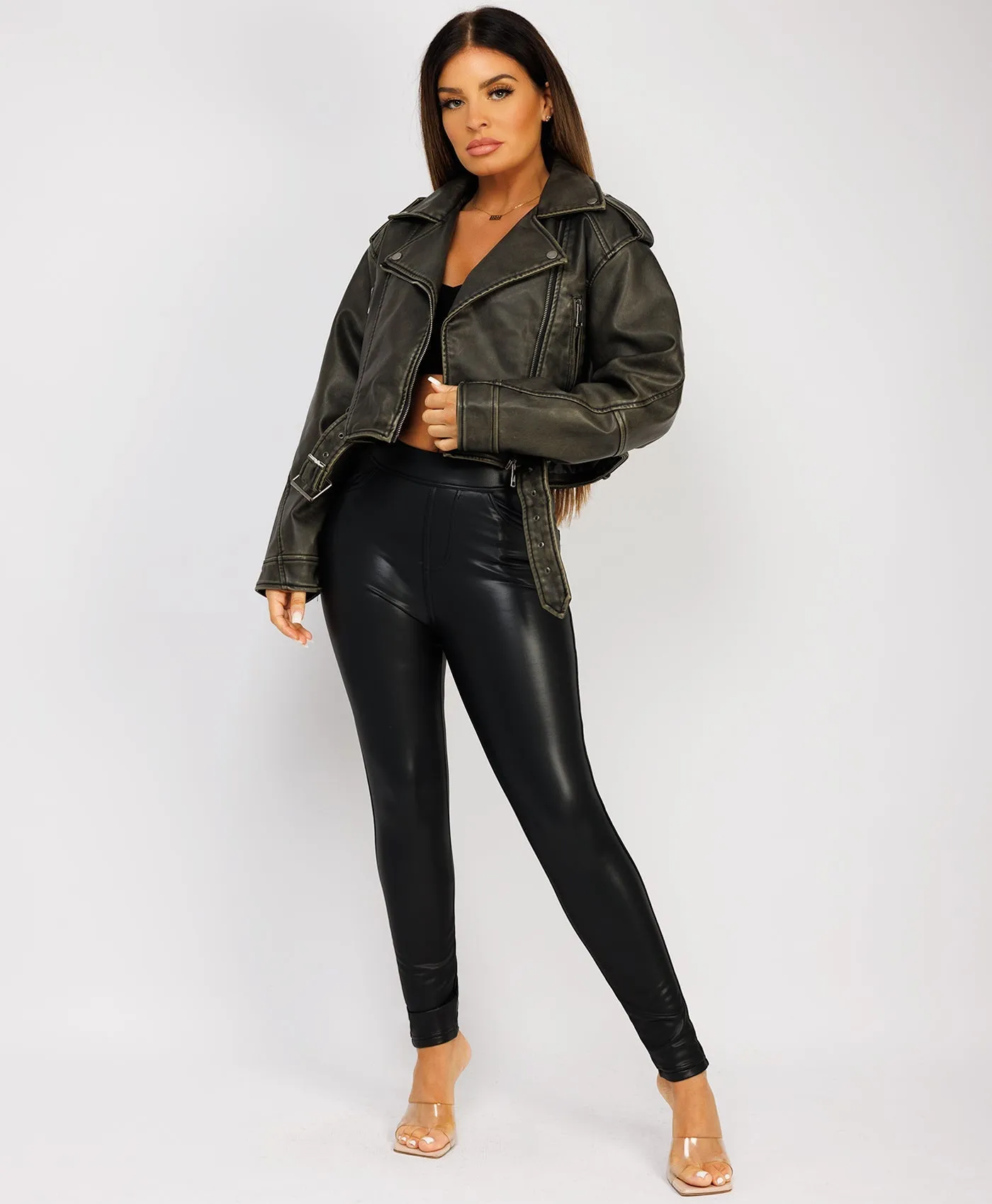 Khaki Vegan Faux Leather Distressed Biker Jacket