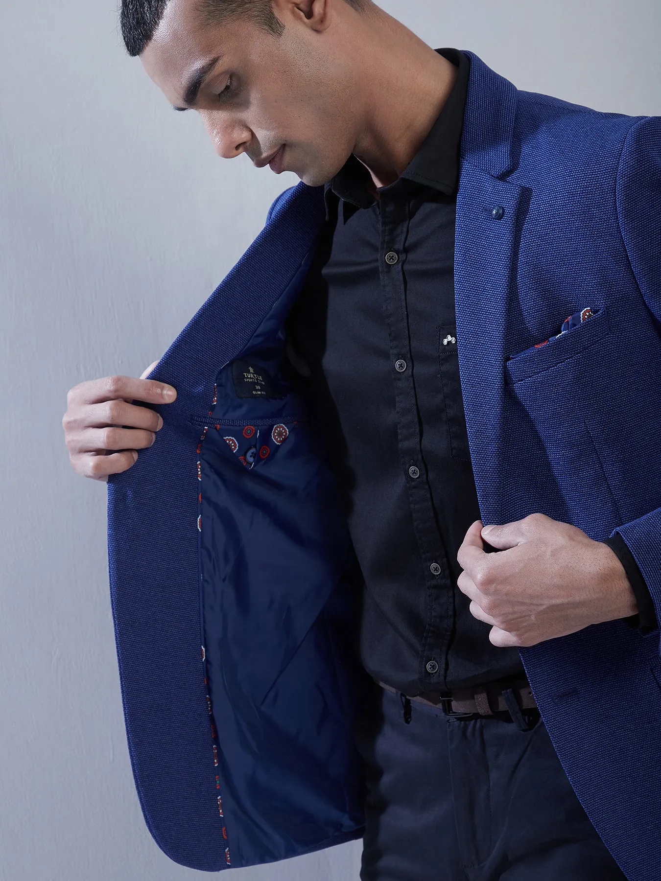 Knitted Navy Blue Dobby Slim Fit Full Sleeve Ceremonial Blazer