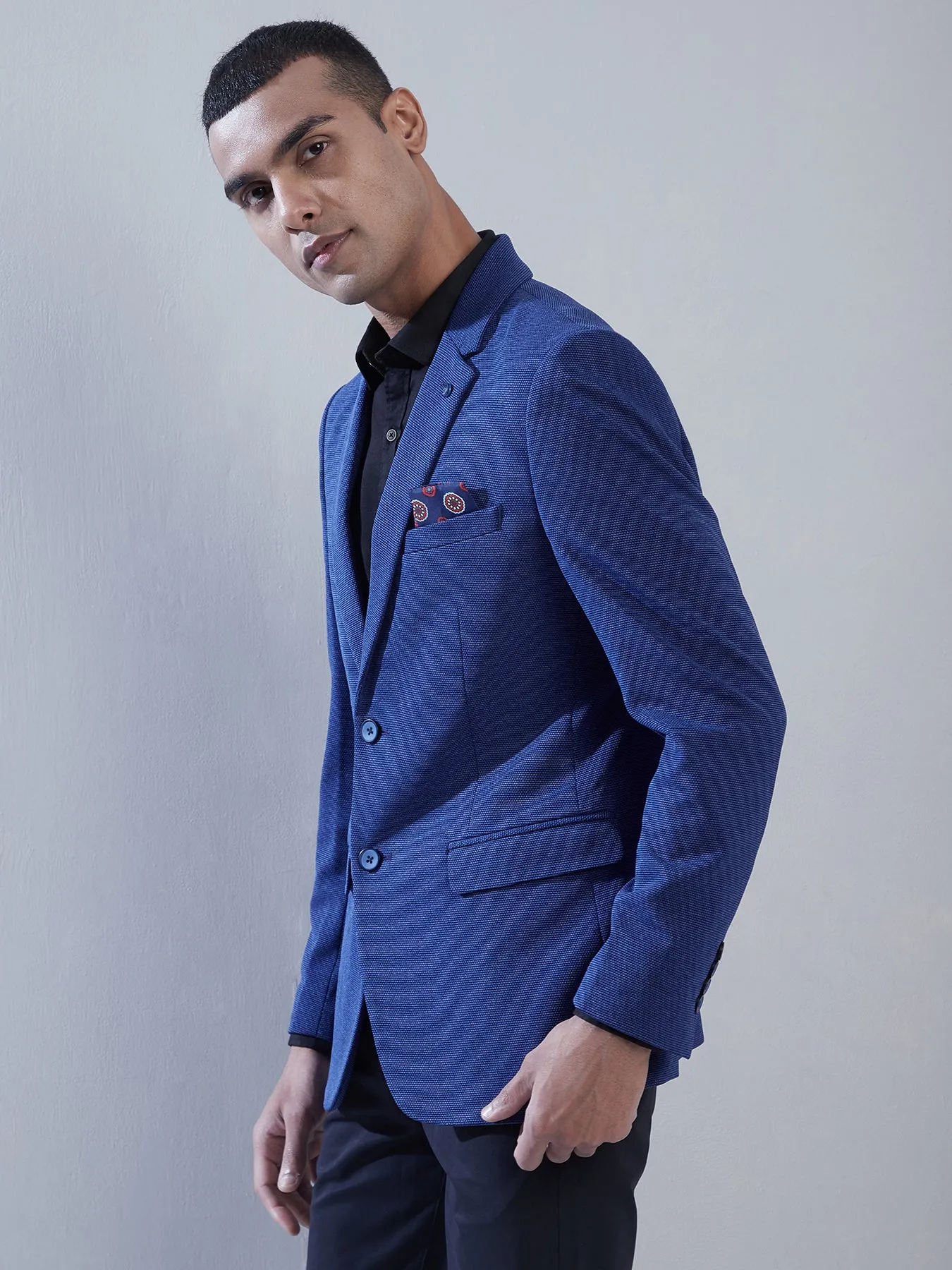 Knitted Navy Blue Dobby Slim Fit Full Sleeve Ceremonial Blazer