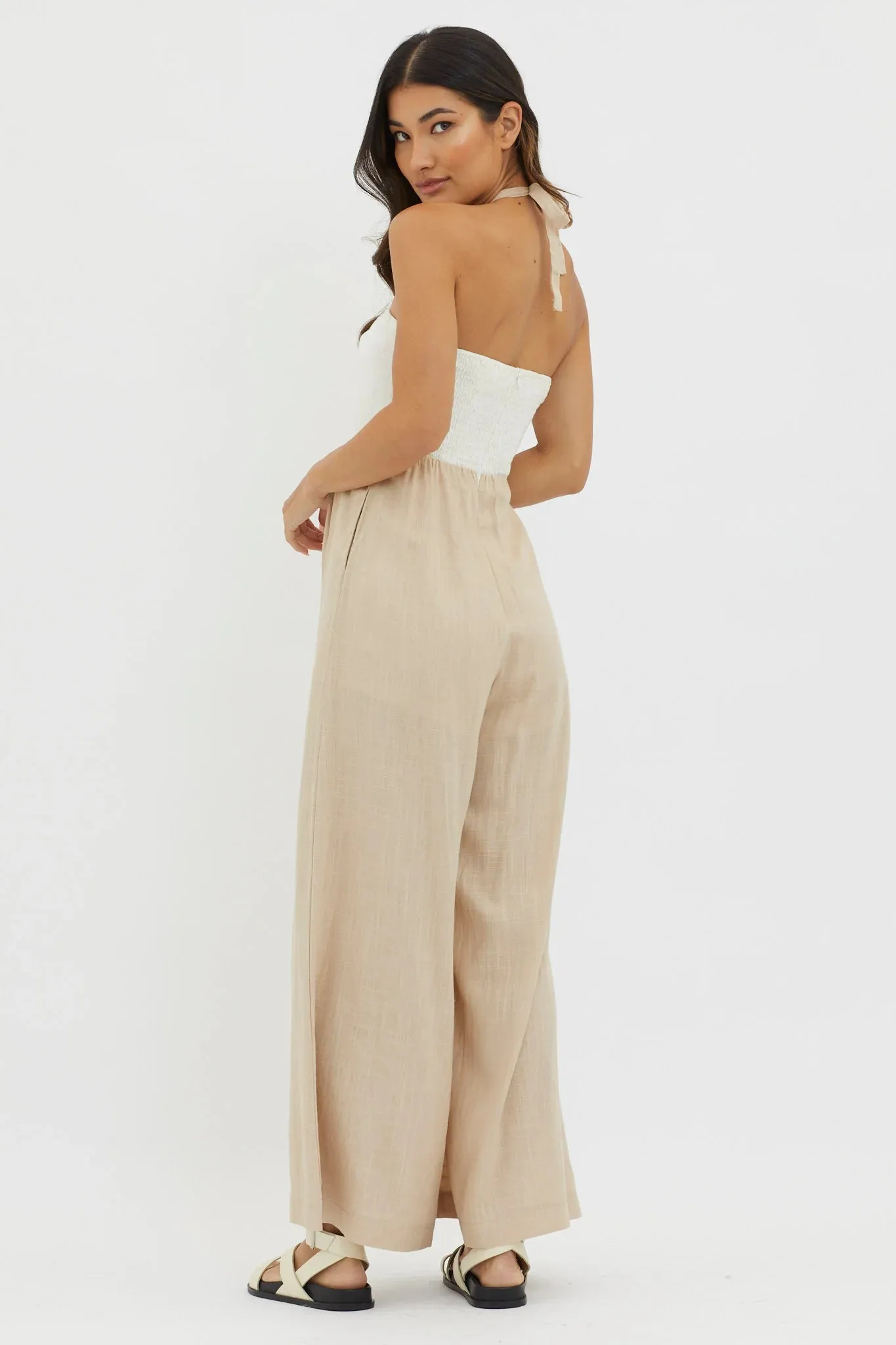 Liesel Linen Jumpsuit - Beige/White