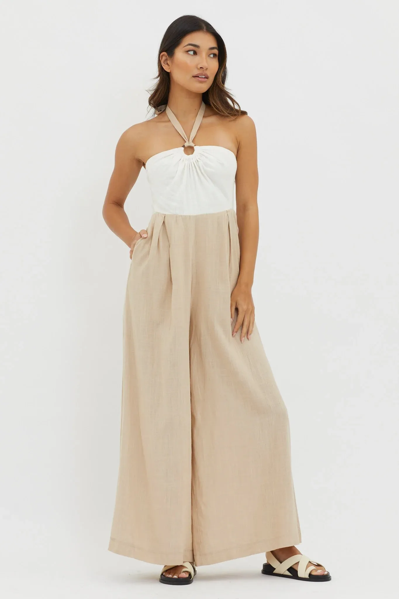 Liesel Linen Jumpsuit - Beige/White