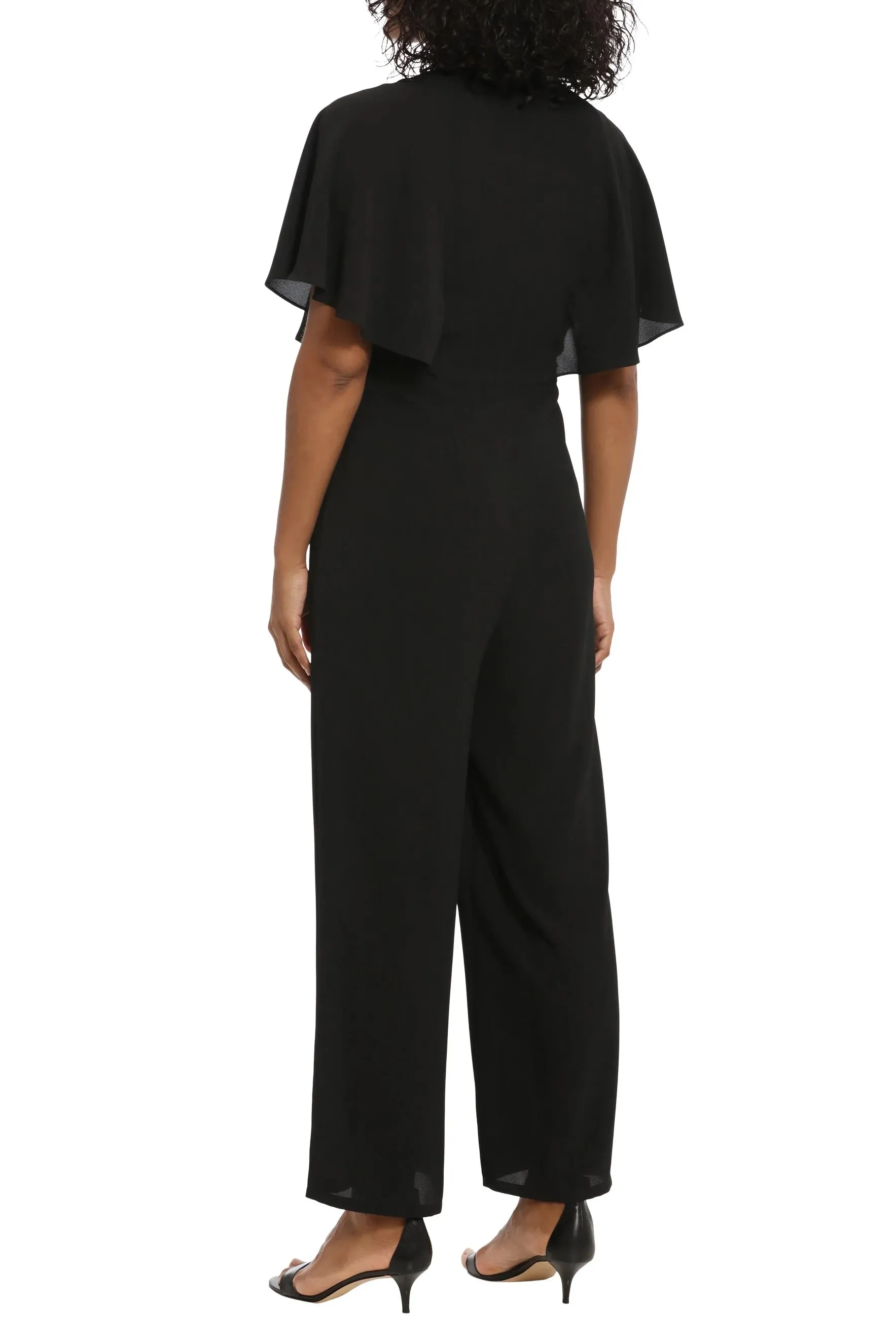 London Times Crew Neck Flutter Sleeve Wide Leg Pleated Pants Bubble Crepe Jumpsuit