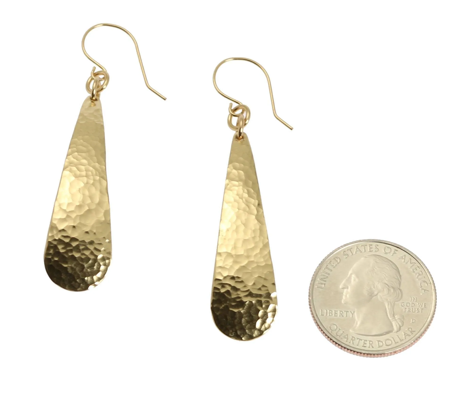 Long Hammered Nu Gold Brass Tear Drop Earrings