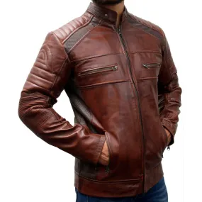 Men's Biker Vintage Motorcycle Bikers Brown Distressed Leather Cafe Racer Jacket Active