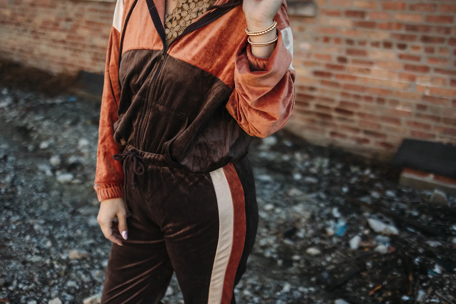 missy velour zip up jacket in mocha