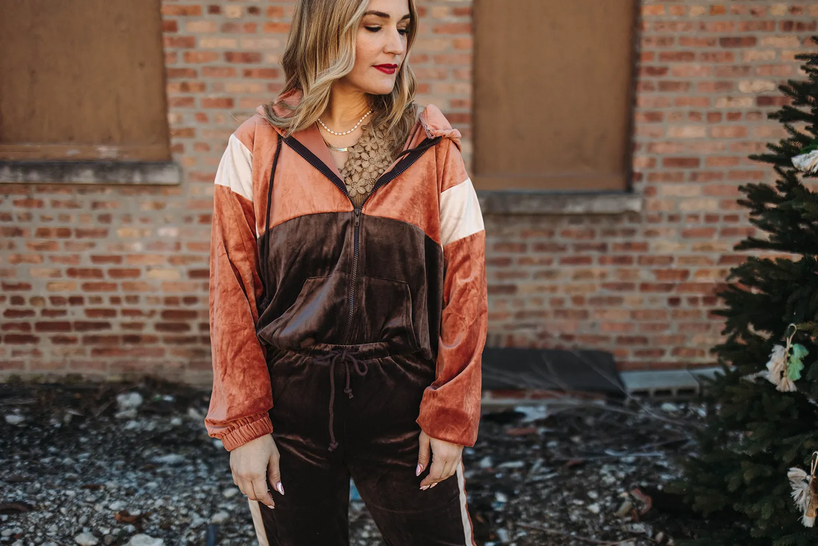 missy velour zip up jacket in mocha