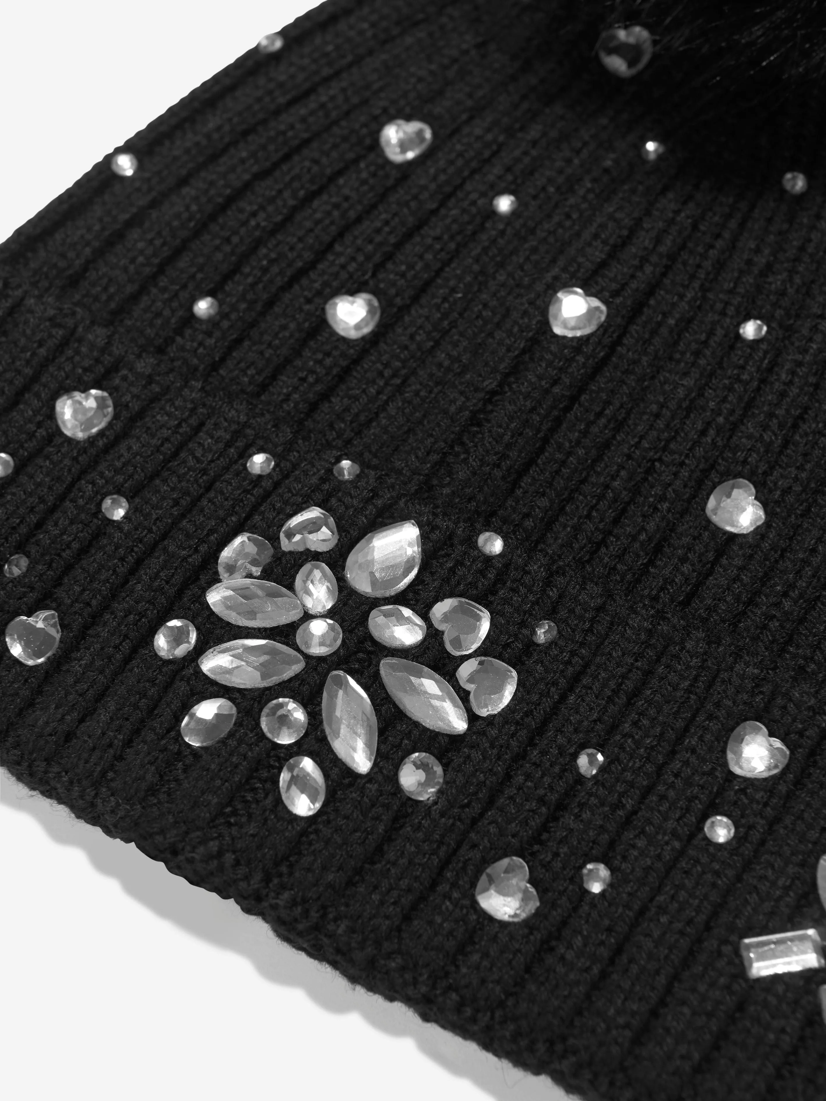 Monnalisa Girls Diamante Pom Pom Hat in Black