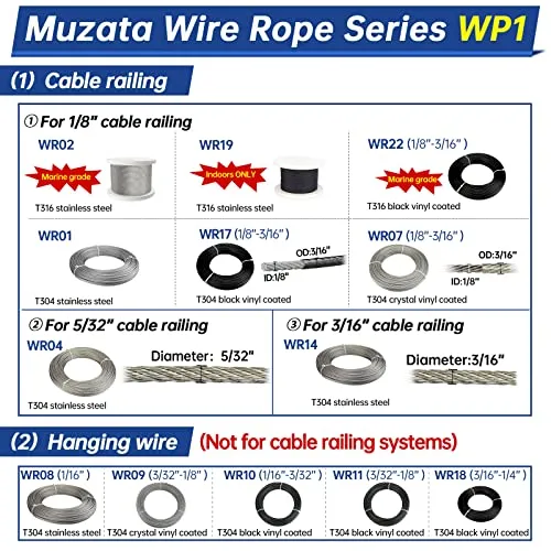 Muzata 330feet Wire Rope Black Vinyl Coated 3/32inch Thru 1/8inch Stainless Steel Aircraft Cable Outdoor Indoor 7x7 Strand Clotheline String Hanging DIY WR11 WP1