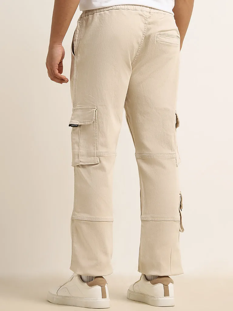 Nuon Beige Relaxed-Fit Mid-Rise Cotton Blend Cargo Chinos