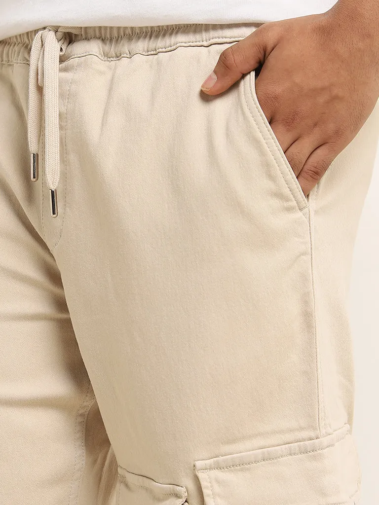 Nuon Beige Relaxed-Fit Mid-Rise Cotton Blend Cargo Chinos