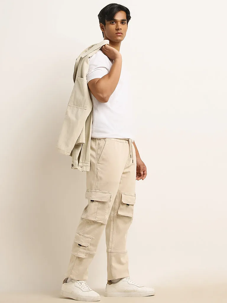 Nuon Beige Relaxed-Fit Mid-Rise Cotton Blend Cargo Chinos