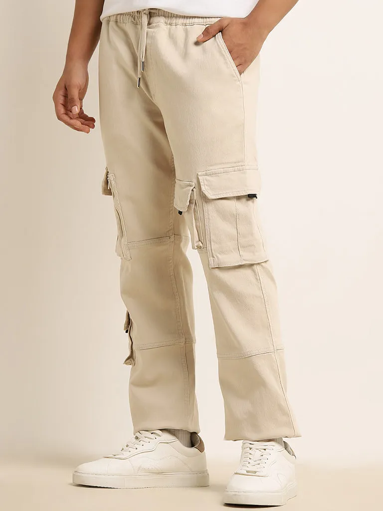 Nuon Beige Relaxed-Fit Mid-Rise Cotton Blend Cargo Chinos