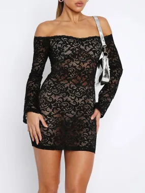 Off Shoulder Lace Fashion Long Sleeve See-Through Bodycon Summer Sexy Dress