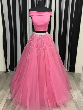 Off Shoulder Two Piece Beading Pink/Sky Blue Prom, Two Piece Pink/Sky Blue Formal, Two Piece Long Evening