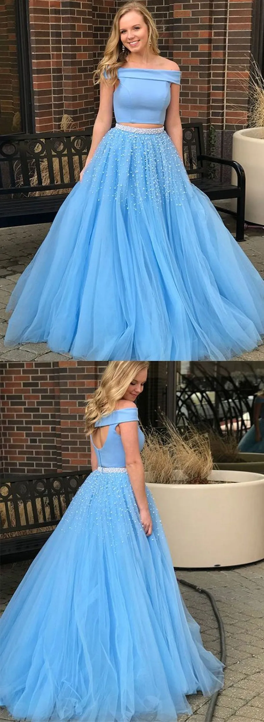 Off Shoulder Two Piece Beading Pink/Sky Blue Prom, Two Piece Pink/Sky Blue Formal, Two Piece Long Evening