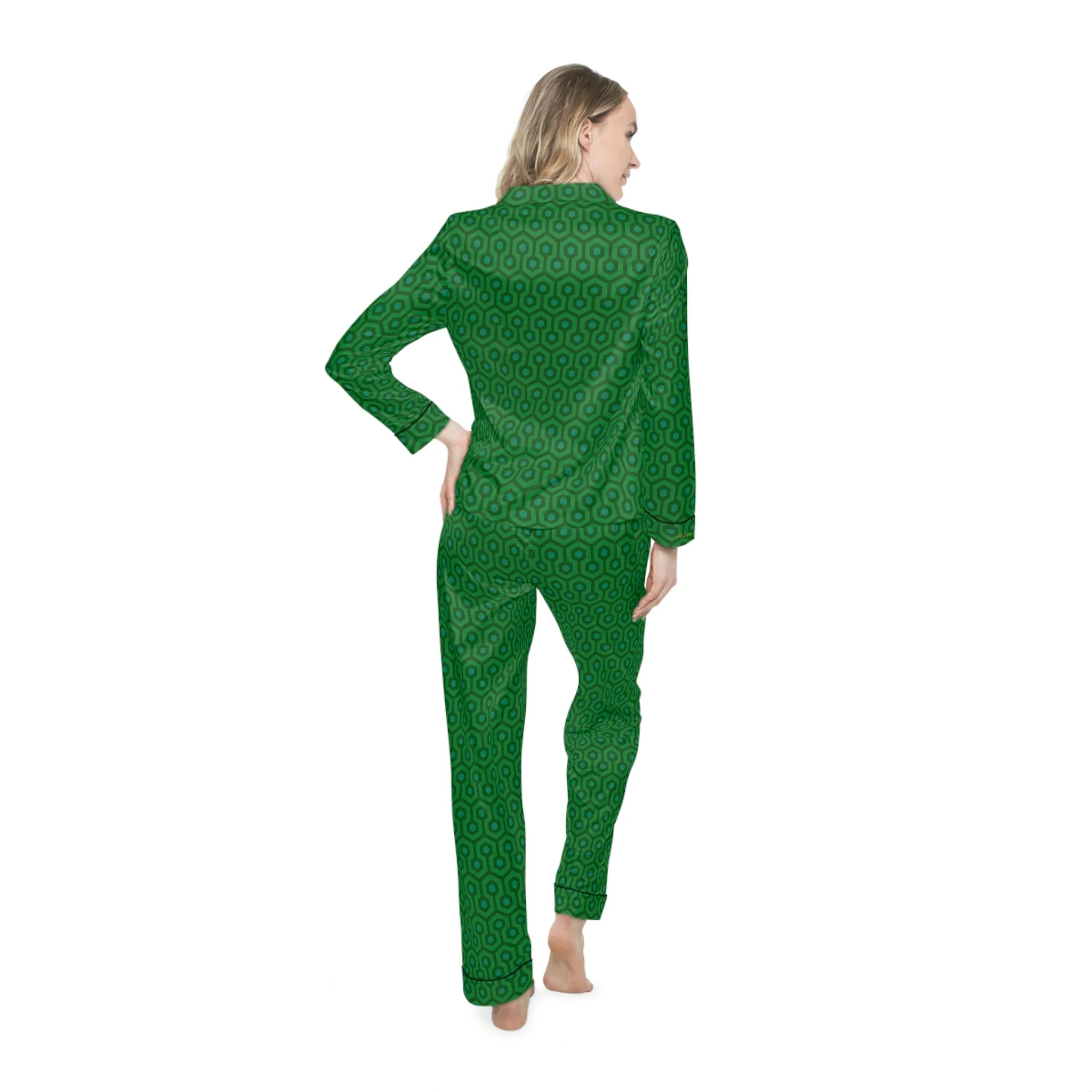 Pajama Game in Green Hotel Hexagon Satin 2 Piece Button Up PJ Set | Pinup Couture Relaxed