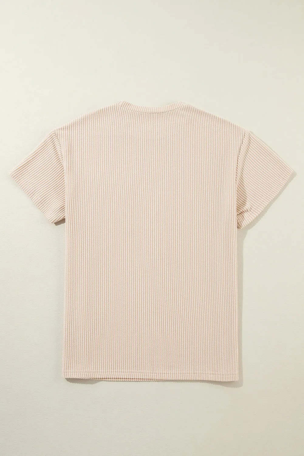 Pink Crinkle Rib Knit Pocketed Loose Fit Crew Neck T-Shirt – A Textured Take on Everyday Chic