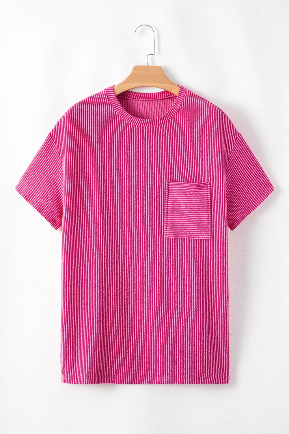 Pink Crinkle Rib Knit Pocketed Loose Fit Crew Neck T-Shirt – A Textured Take on Everyday Chic