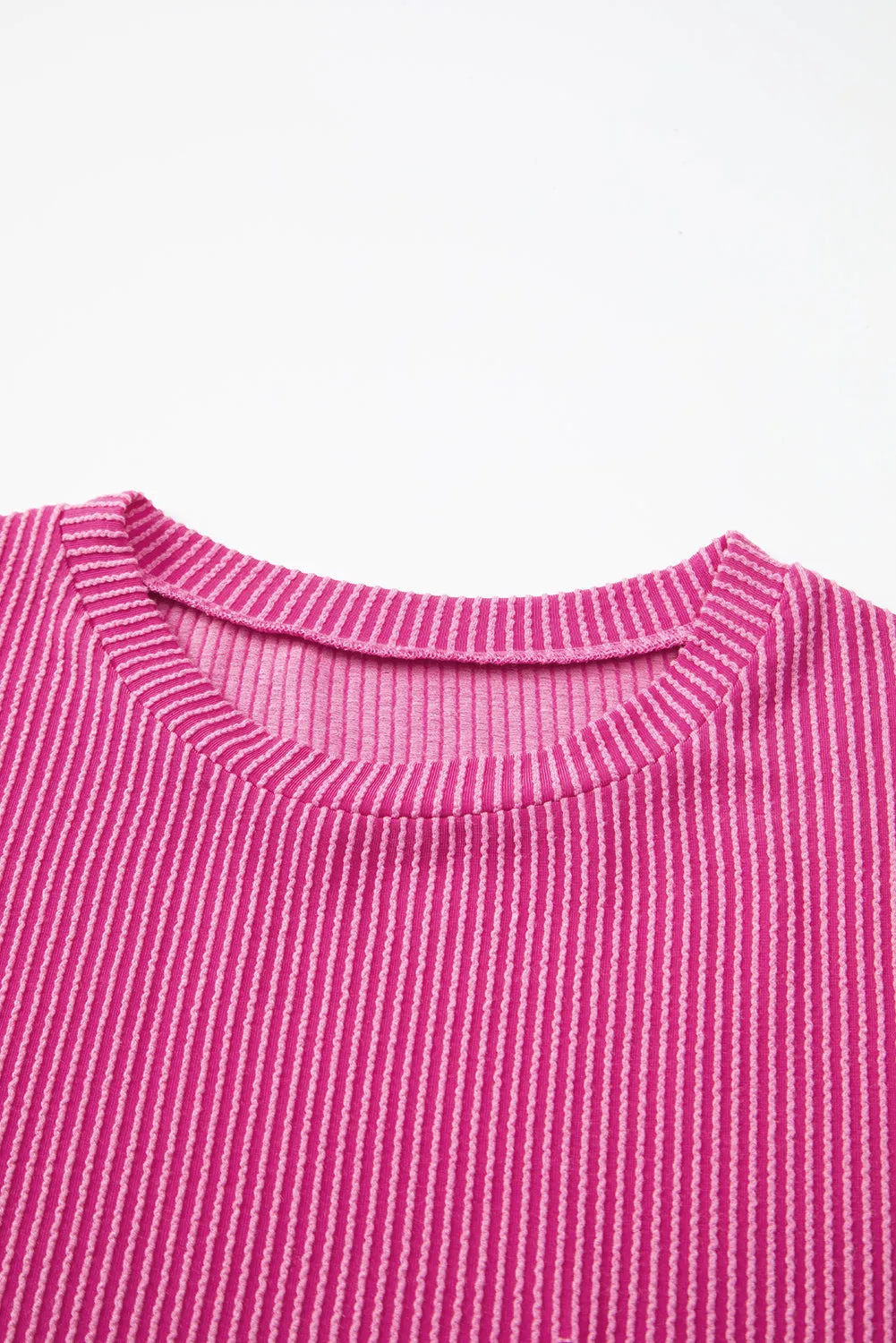 Pink Crinkle Rib Knit Pocketed Loose Fit Crew Neck T-Shirt – A Textured Take on Everyday Chic