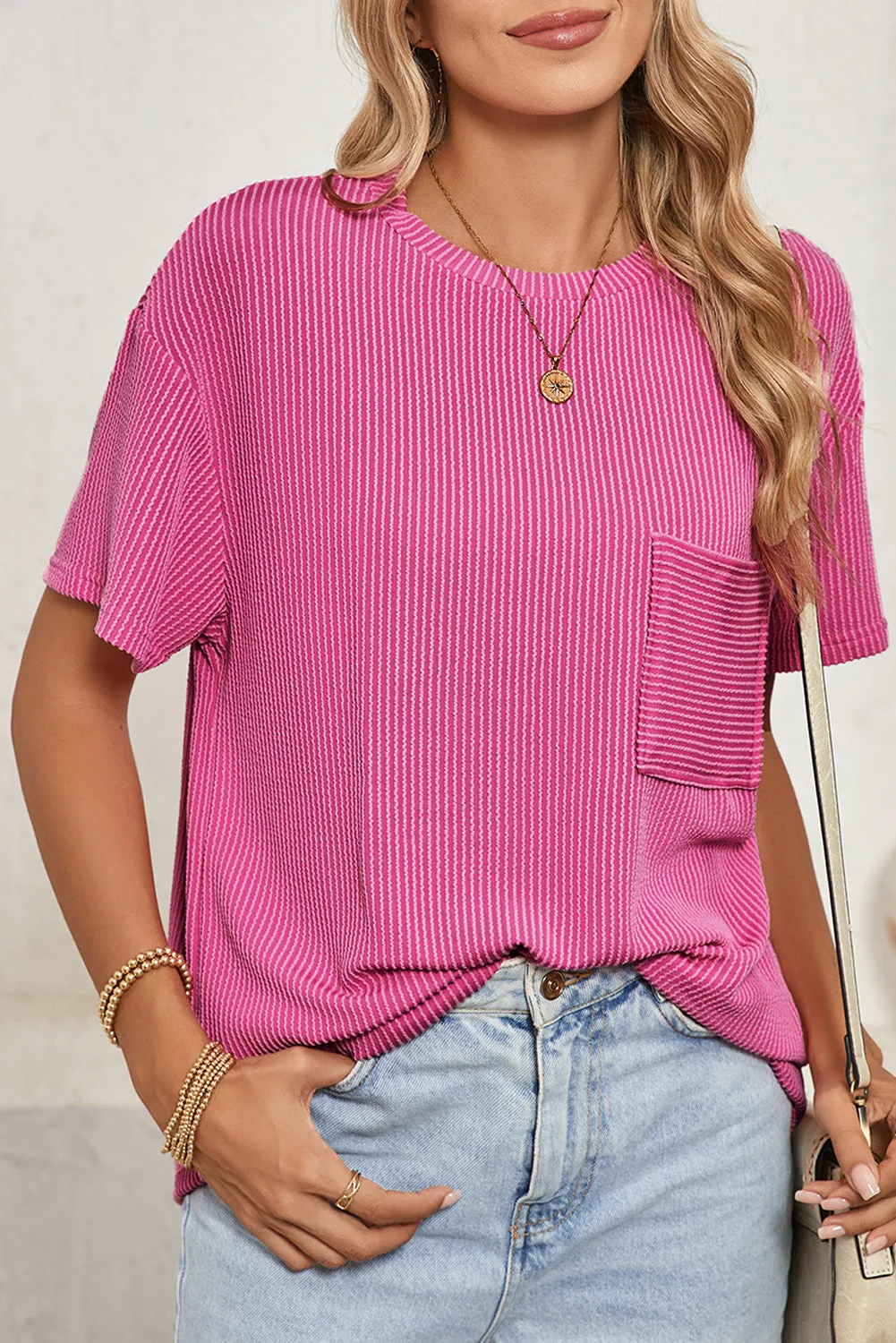 Pink Crinkle Rib Knit Pocketed Loose Fit Crew Neck T-Shirt – A Textured Take on Everyday Chic