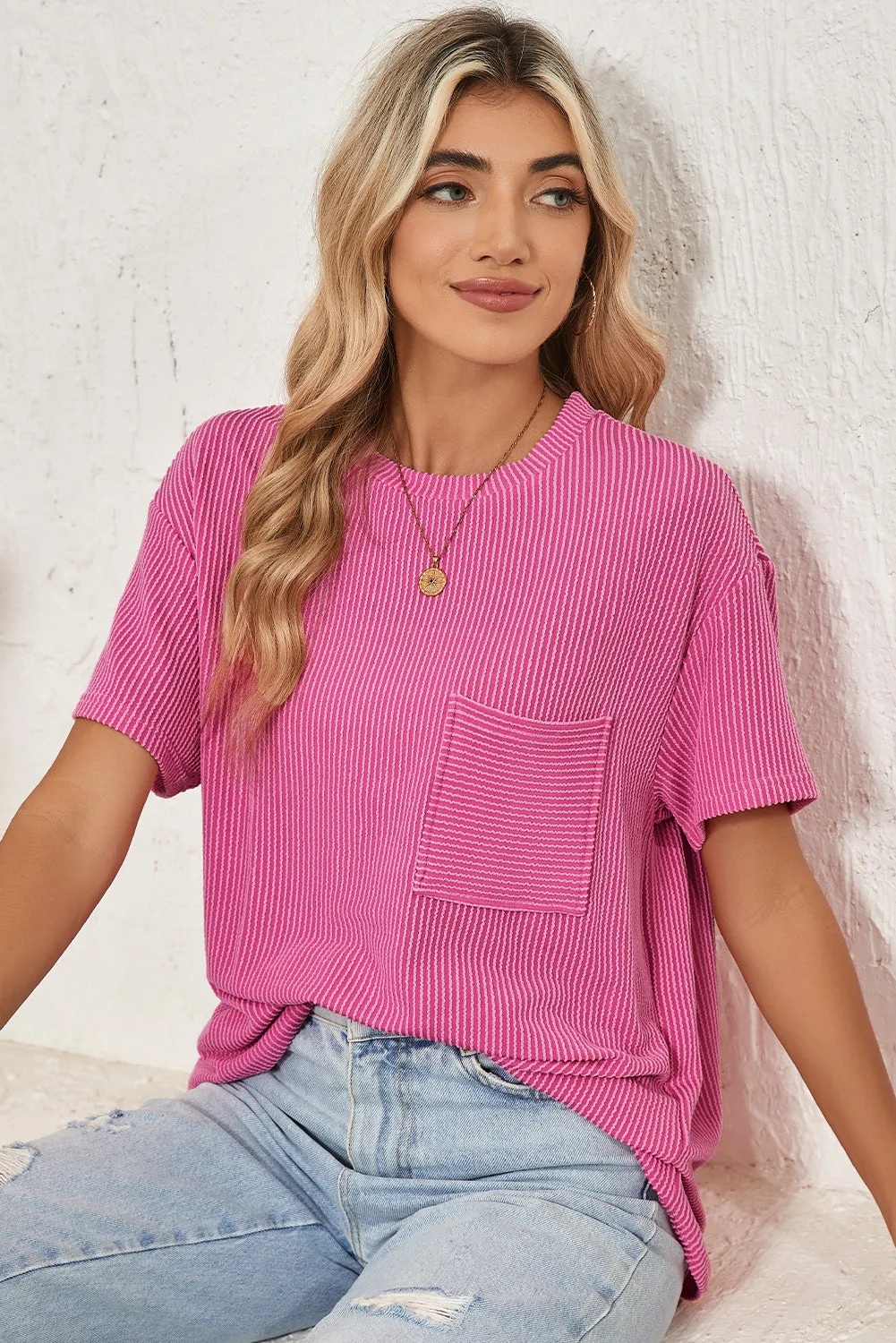 Pink Crinkle Rib Knit Pocketed Loose Fit Crew Neck T-Shirt – A Textured Take on Everyday Chic