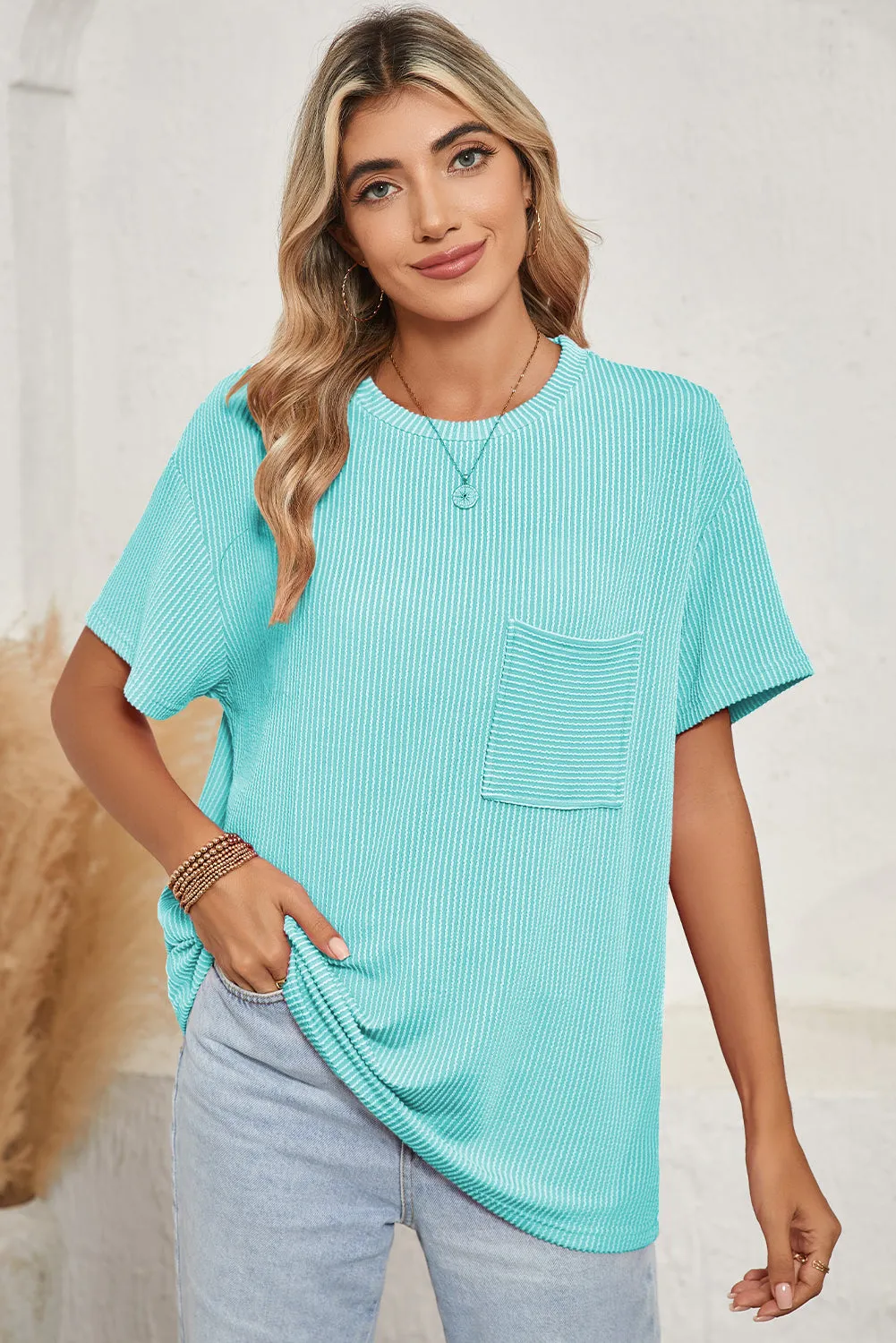 Pink Crinkle Rib Knit Pocketed Loose Fit Crew Neck T-Shirt – A Textured Take on Everyday Chic