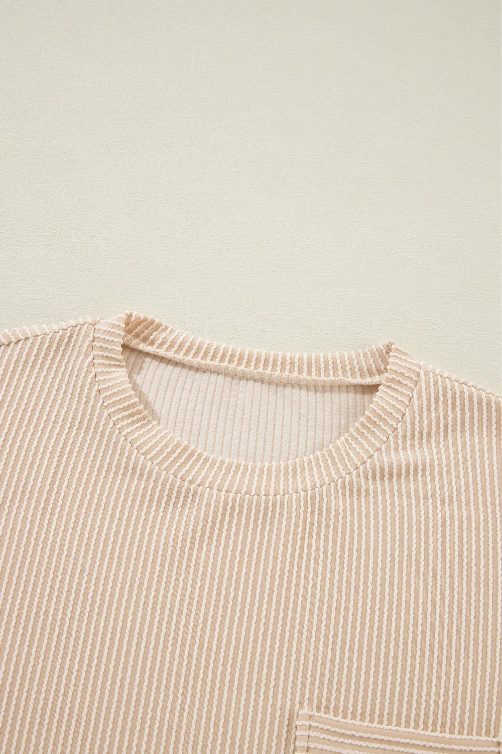 Pink Crinkle Rib Knit Pocketed Loose Fit Crew Neck T-Shirt – A Textured Take on Everyday Chic