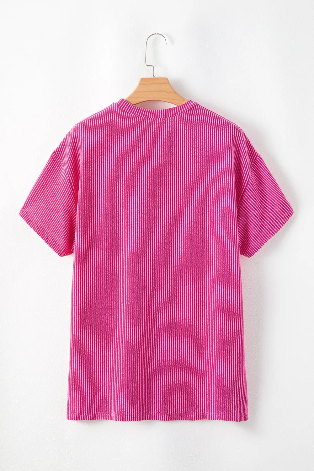 Pink Crinkle Rib Knit Pocketed Loose Fit Crew Neck T-Shirt – A Textured Take on Everyday Chic