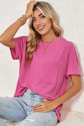 Pink Crinkle Rib Knit Pocketed Loose Fit Crew Neck T-Shirt – A Textured Take on Everyday Chic