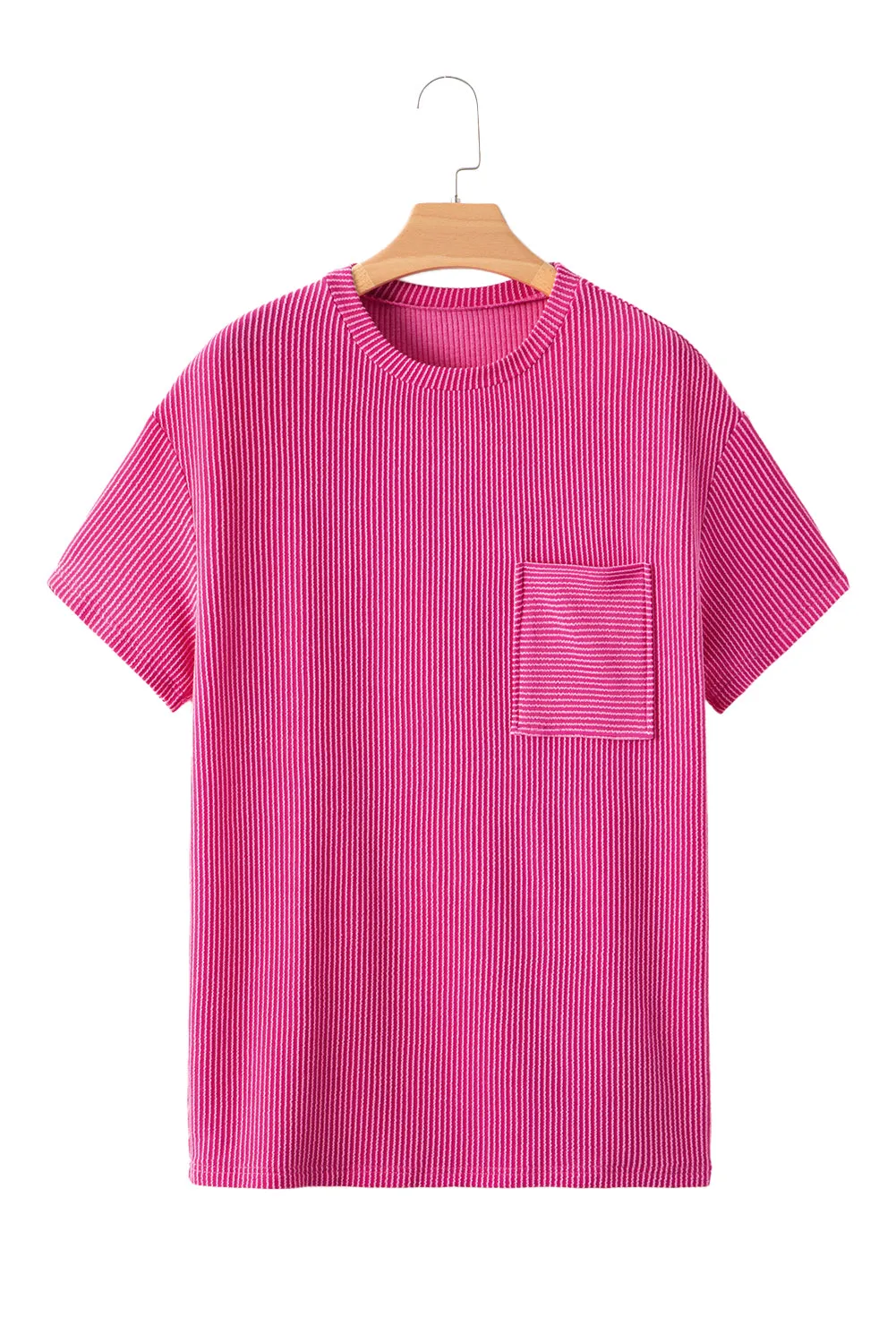 Pink Crinkle Rib Knit Pocketed Loose Fit Crew Neck T-Shirt – A Textured Take on Everyday Chic