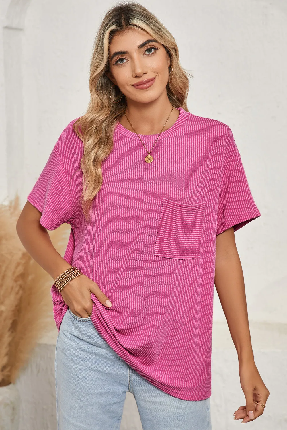 Pink Crinkle Rib Knit Pocketed Loose Fit Crew Neck T-Shirt – A Textured Take on Everyday Chic