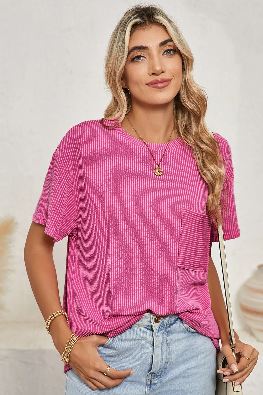 Pink Crinkle Rib Knit Pocketed Loose Fit Crew Neck T-Shirt – A Textured Take on Everyday Chic