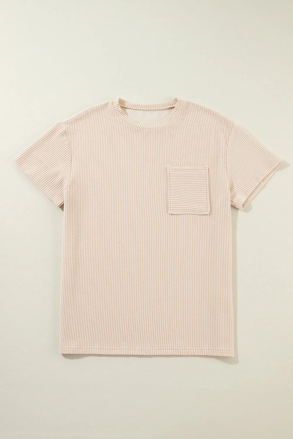 Pink Crinkle Rib Knit Pocketed Loose Fit Crew Neck T-Shirt – A Textured Take on Everyday Chic