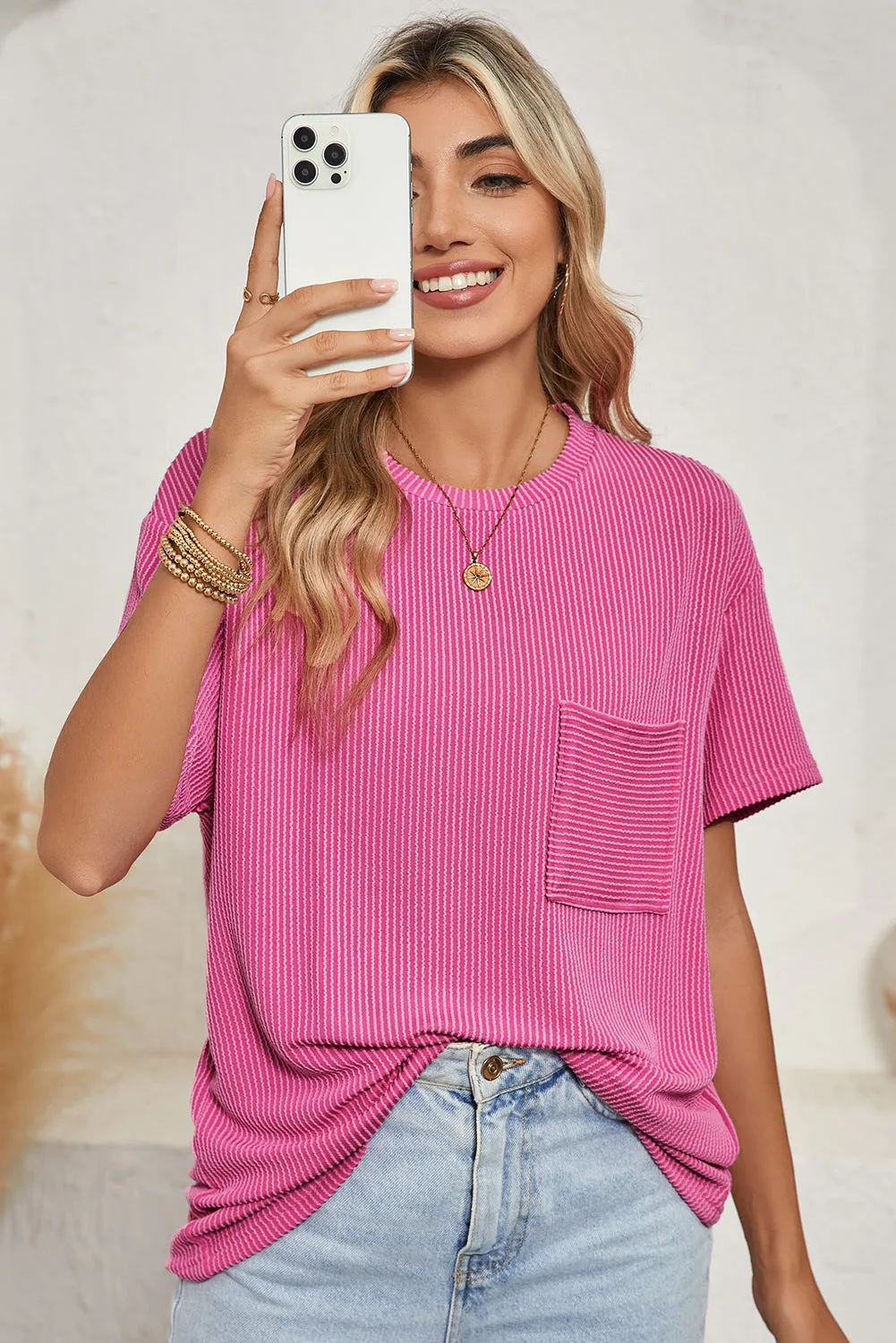 Pink Crinkle Rib Knit Pocketed Loose Fit Crew Neck T-Shirt – A Textured Take on Everyday Chic