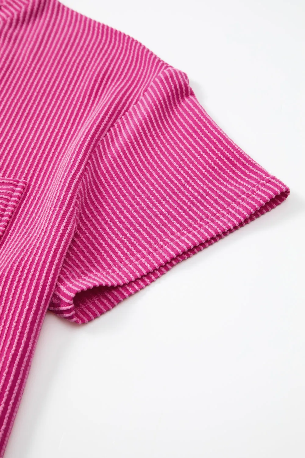 Pink Crinkle Rib Knit Pocketed Loose Fit Crew Neck T-Shirt – A Textured Take on Everyday Chic