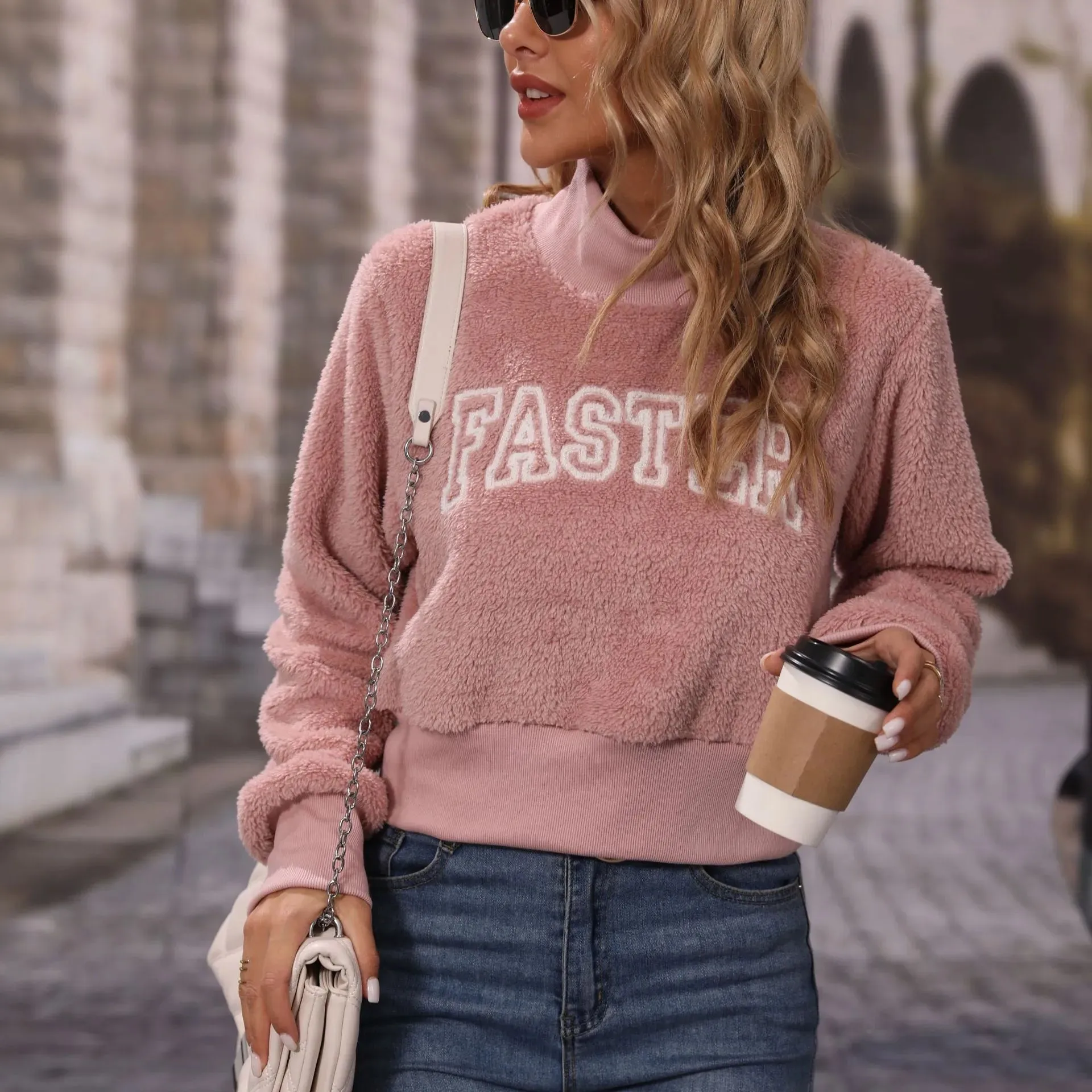 Pink Pullover Women O Neck Long Sleeve Letter Printed Sweater*