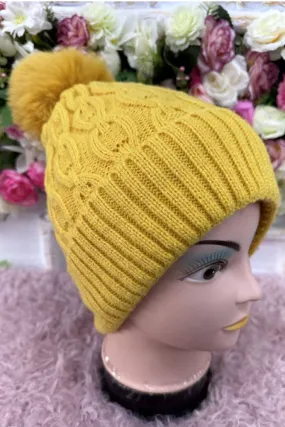 Plain Beanie Cable Knit Pattern PomPom Acrylic Hat