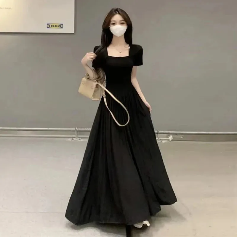 Plus Size Hepburn Style Square Collar Black Short Sleeve Women Casual Long Dress