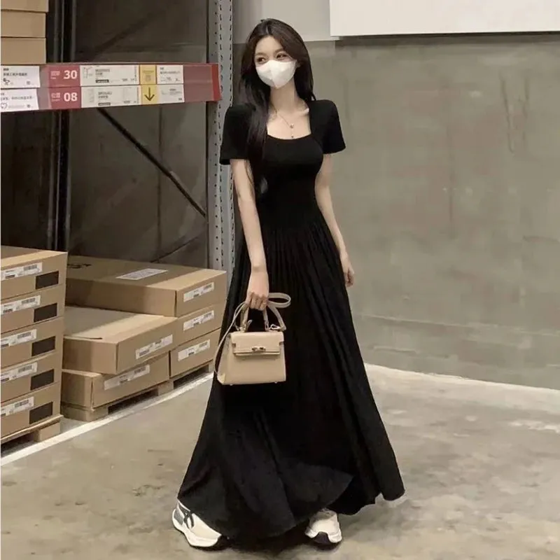 Plus Size Hepburn Style Square Collar Black Short Sleeve Women Casual Long Dress