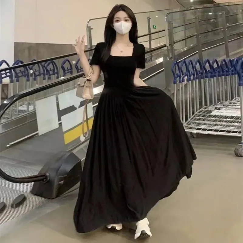 Plus Size Hepburn Style Square Collar Black Short Sleeve Women Casual Long Dress