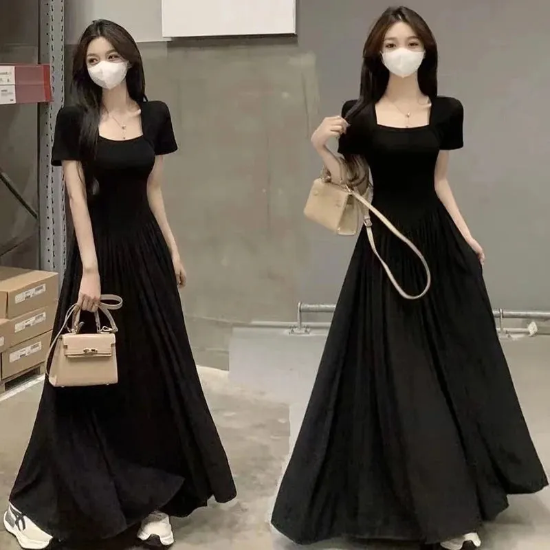 Plus Size Hepburn Style Square Collar Black Short Sleeve Women Casual Long Dress