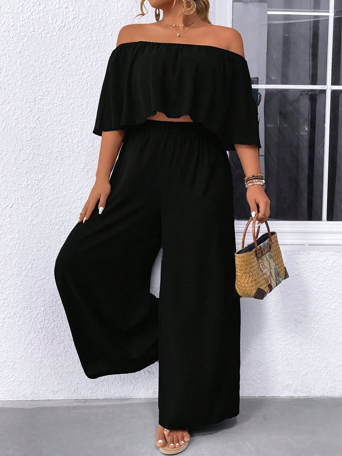 Plus Size Off Shoulder Ruffle Top And Wide Leg Pants Two Piece Set