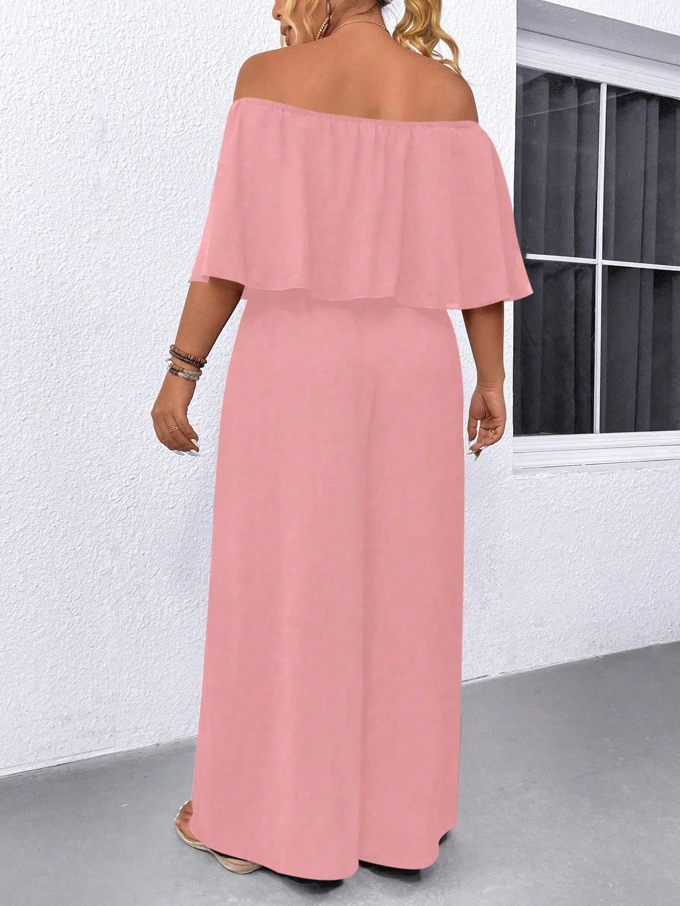 Plus Size Off Shoulder Ruffle Top And Wide Leg Pants Two Piece Set