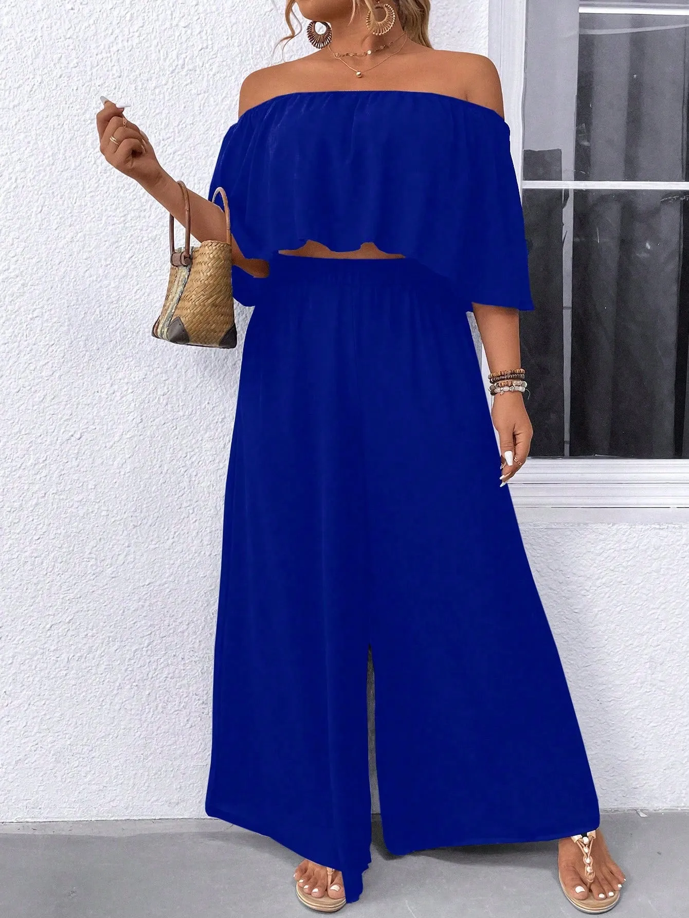 Plus Size Off Shoulder Ruffle Top And Wide Leg Pants Two Piece Set