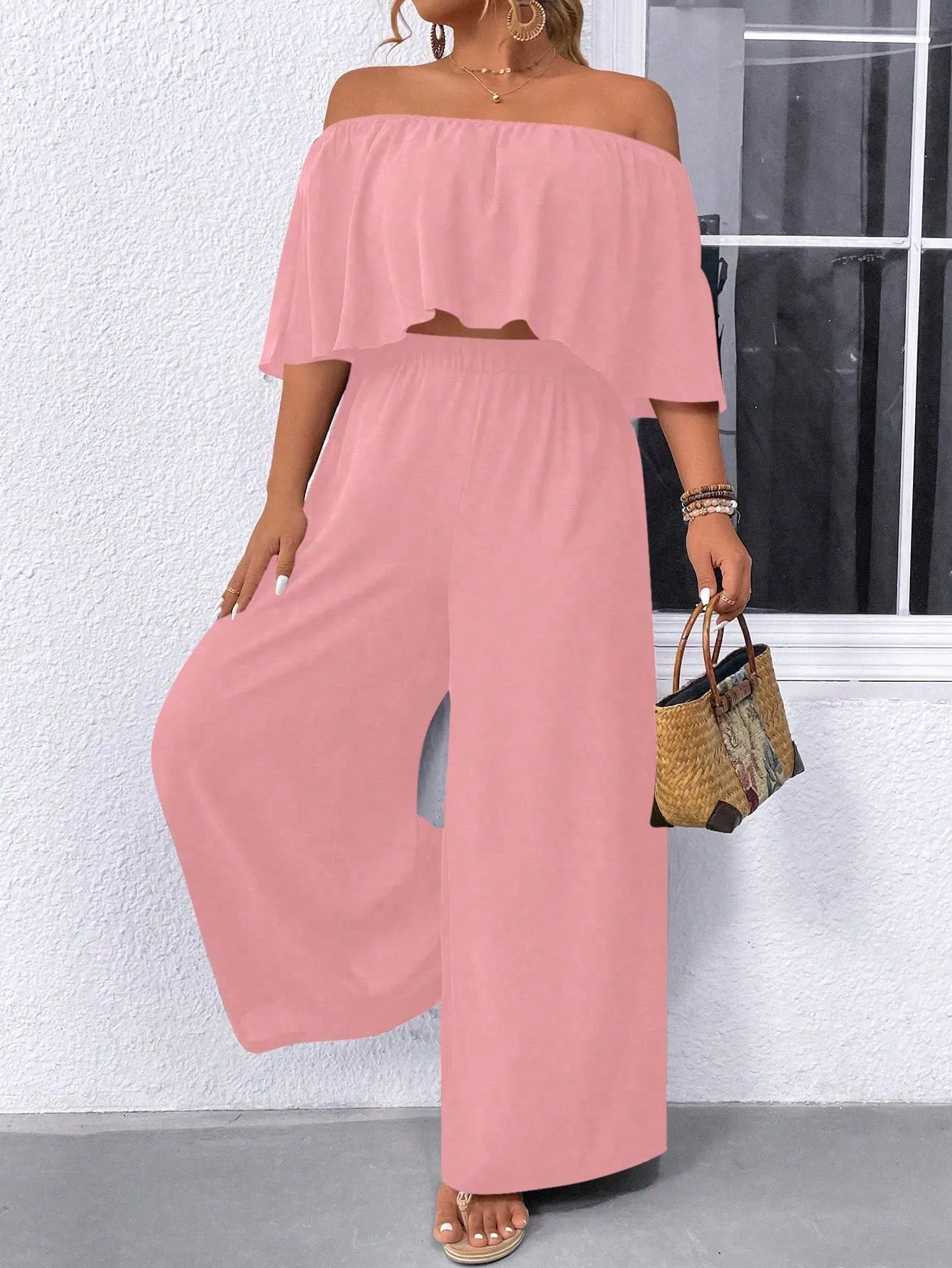 Plus Size Off Shoulder Ruffle Top And Wide Leg Pants Two Piece Set