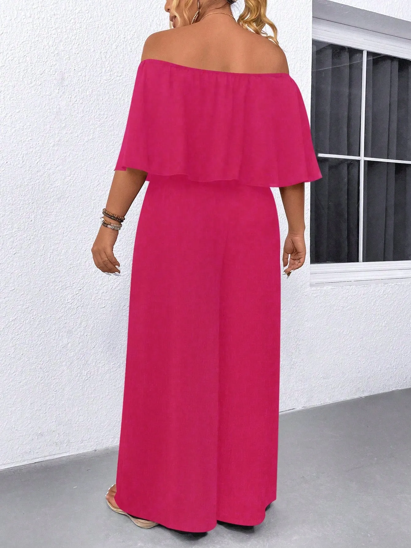 Plus Size Off Shoulder Ruffle Top And Wide Leg Pants Two Piece Set