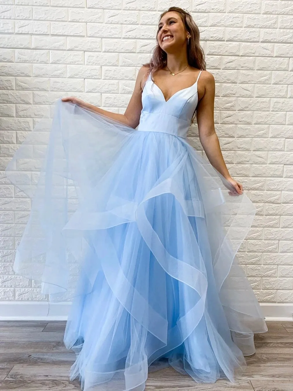 Princess V Neck Long Pink/Light Blue Prom Dresses, Puffy Pink/Light Blue Formal Evening Dresses, Light Blue Party Dresses, Pink Ball