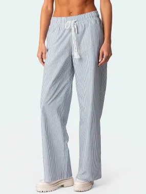 Print Elastic Waist Drawstring Loose Wide Leg Casual Trousers Lounge Striped Pants