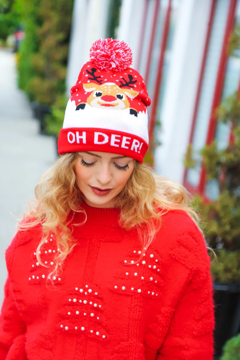 "Oh Deer" Rudolph Reindeer Pom-Pom Beanie