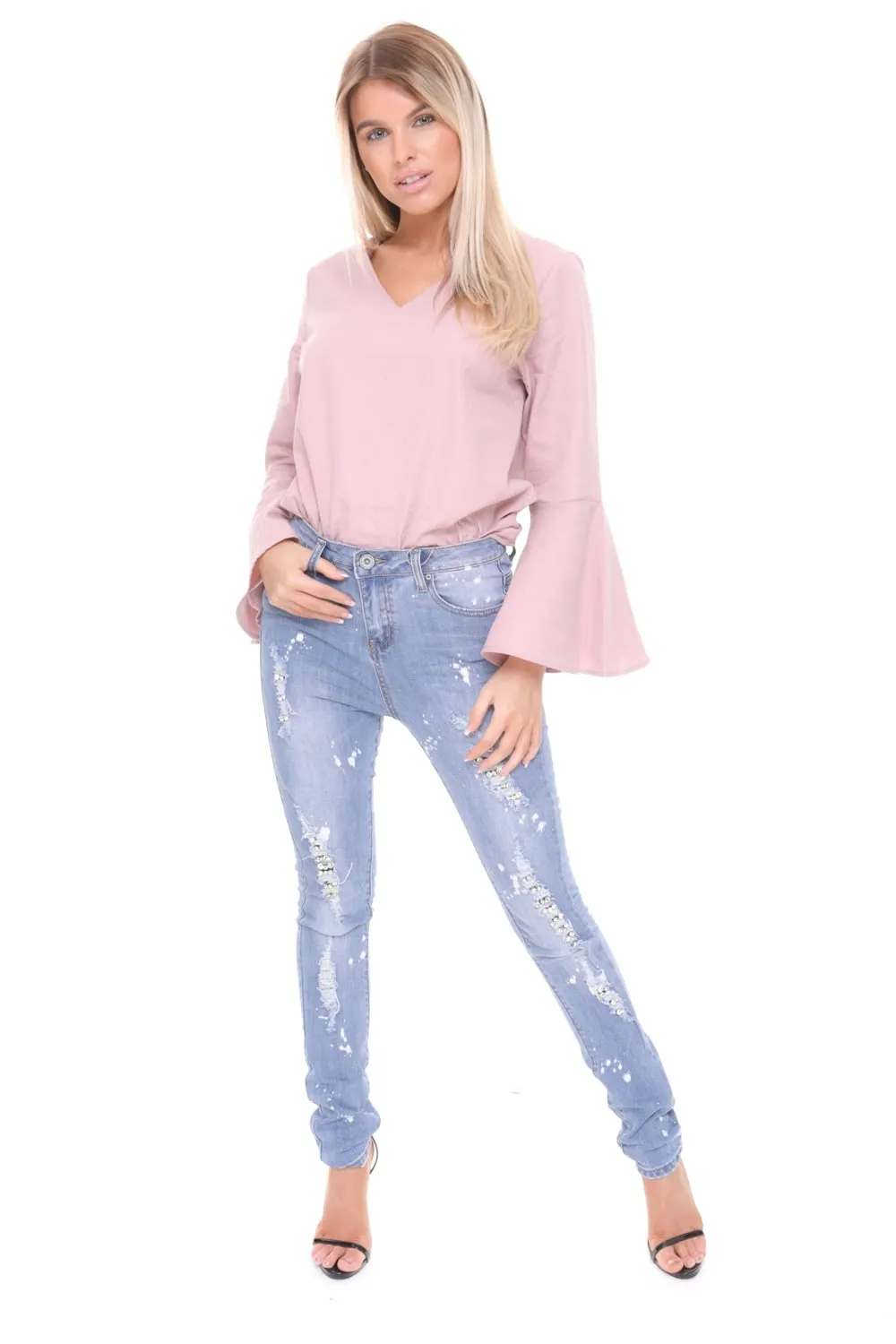 Ripped Diamante Jewel Detail Skinny High Waist Jeans